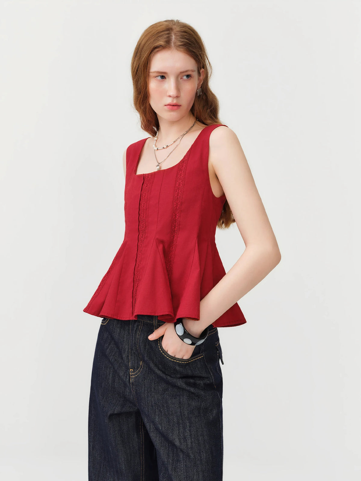 FSLE 2026 Summer Women's Red Lace Sleeveless Blouse with