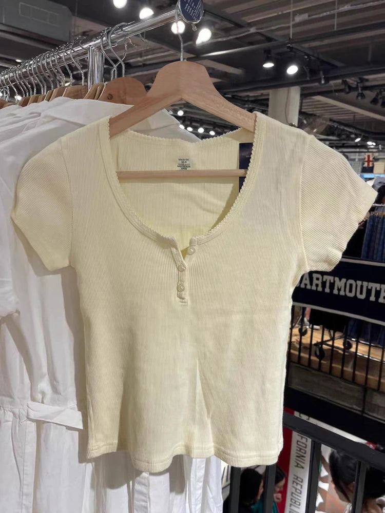 Sweet Lace Trim Button Ribbed T Shirt Cute Creamy Yellow O Neck Summer