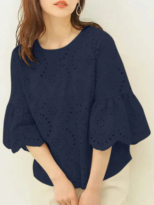 ZANZEA 3/4 Ruffle Sleeve Loose Blusa Women Hollow Out Lace Patchwork