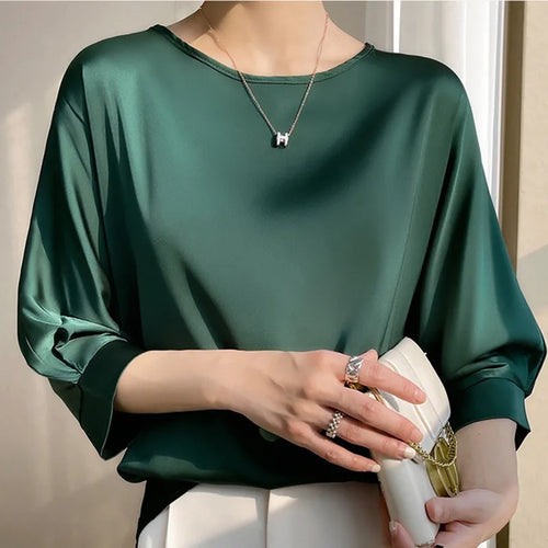 2023 New In Summer Satin Silk Half-Sleeve Tee Tops Basic Solid Women‘s