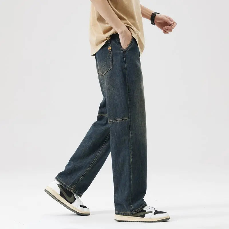 Jeans Fashionable Splicing Design Straight Wide-leg Pants Korean Retro