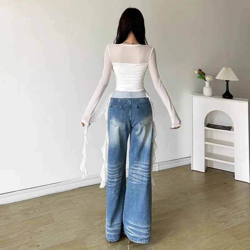 Ruffle Long Sleeve Sexy T-Shirts Fashion Women Y2K Irregular