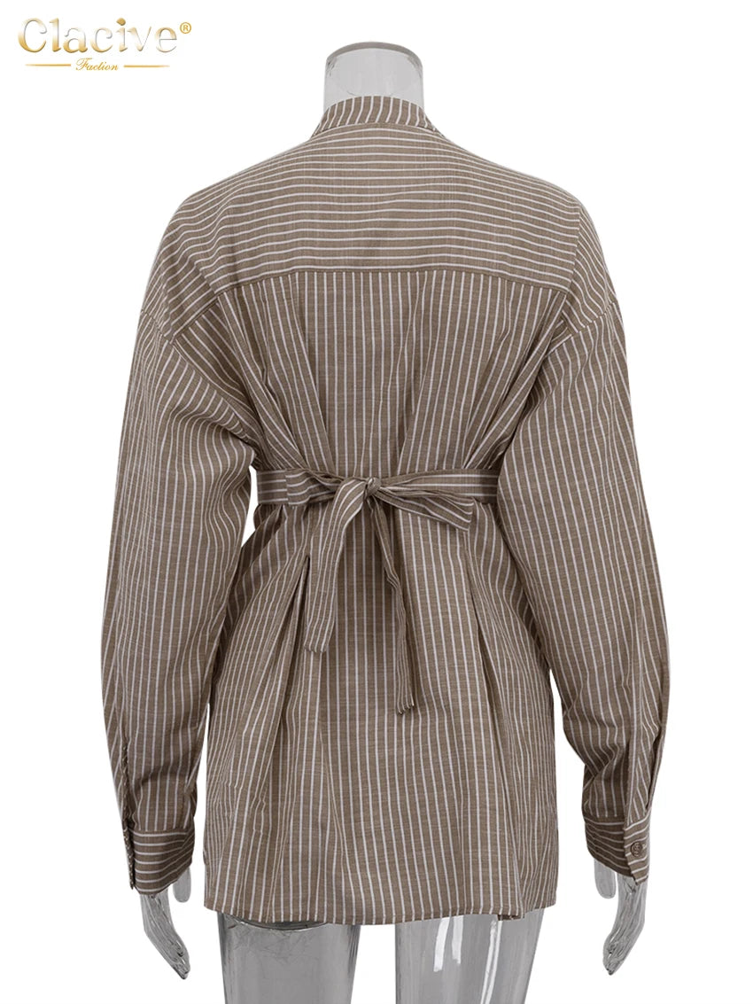 Clacive Vintage Loose Brown Stripe Women Shirts 2025 Fashion Stand
