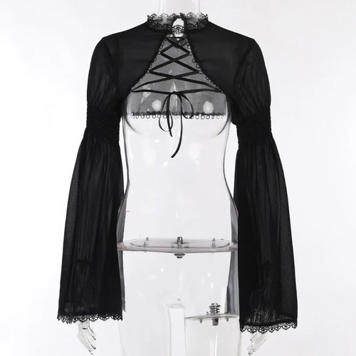 Goth Dark Elegant Lace Up Mall Gothic Crop Shrug Tops Grunge Chiffon