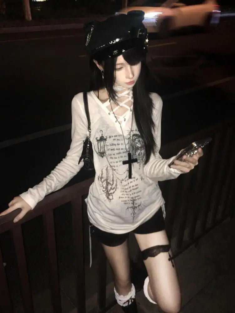 Seeslim Chic Print Graphic T Shirts Woman Lace Up Youthful 2000s