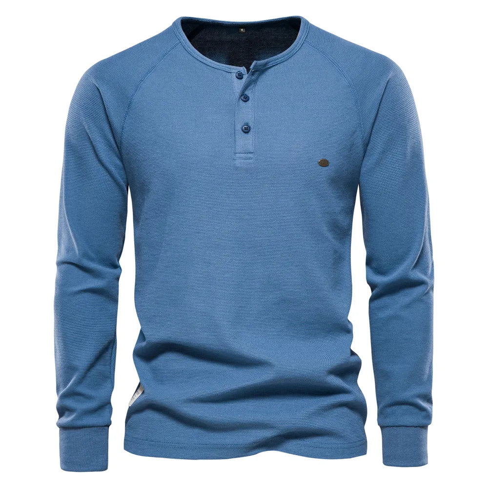 AIOPESON Waffle Henley T-Shirt Men Long Sleeve Basic Breathable Men's