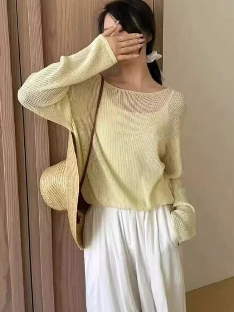 Hollow Out Long Sleeve Thin Knit Blouse 2026 New Summer Sun Protection