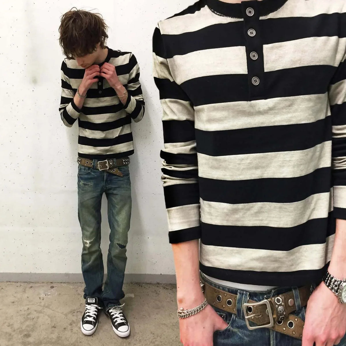 Japanese Vintage Black White Stripe Henley Long Sleeve T-shirt Unisex