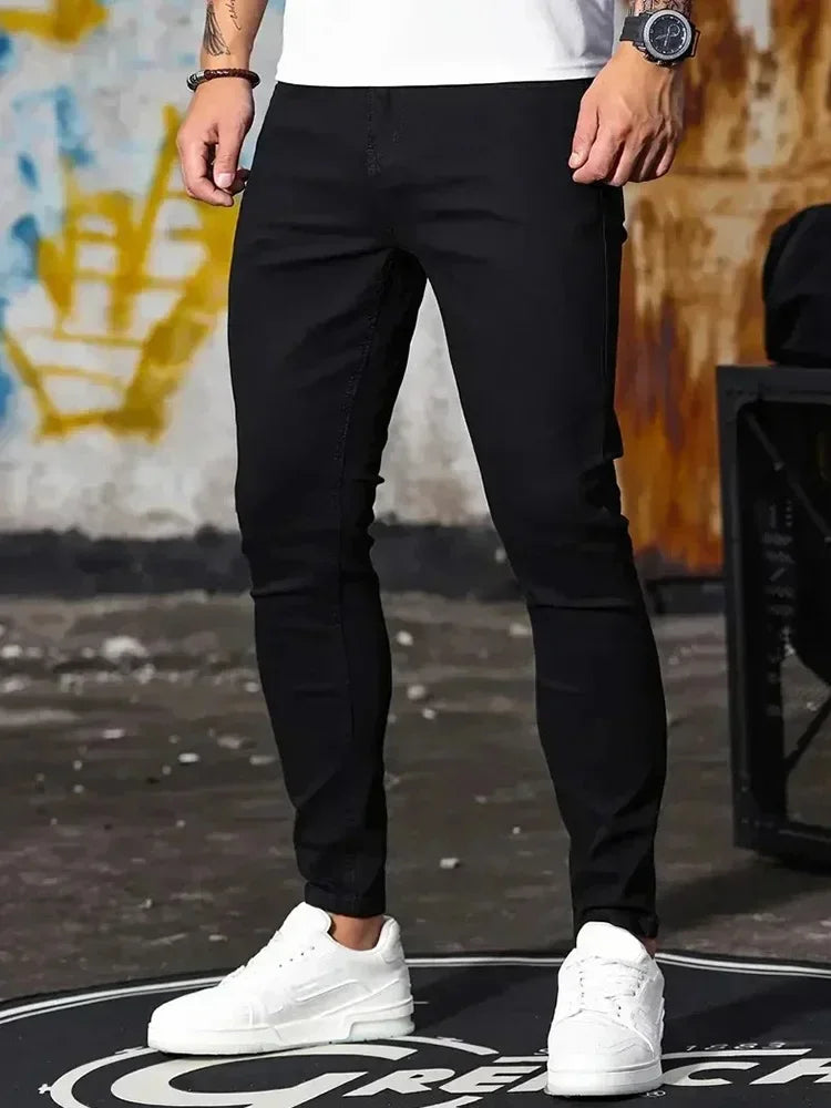 Man Classic Style Pants Light Blue Stretch Jeans Zipper Casual Slim
