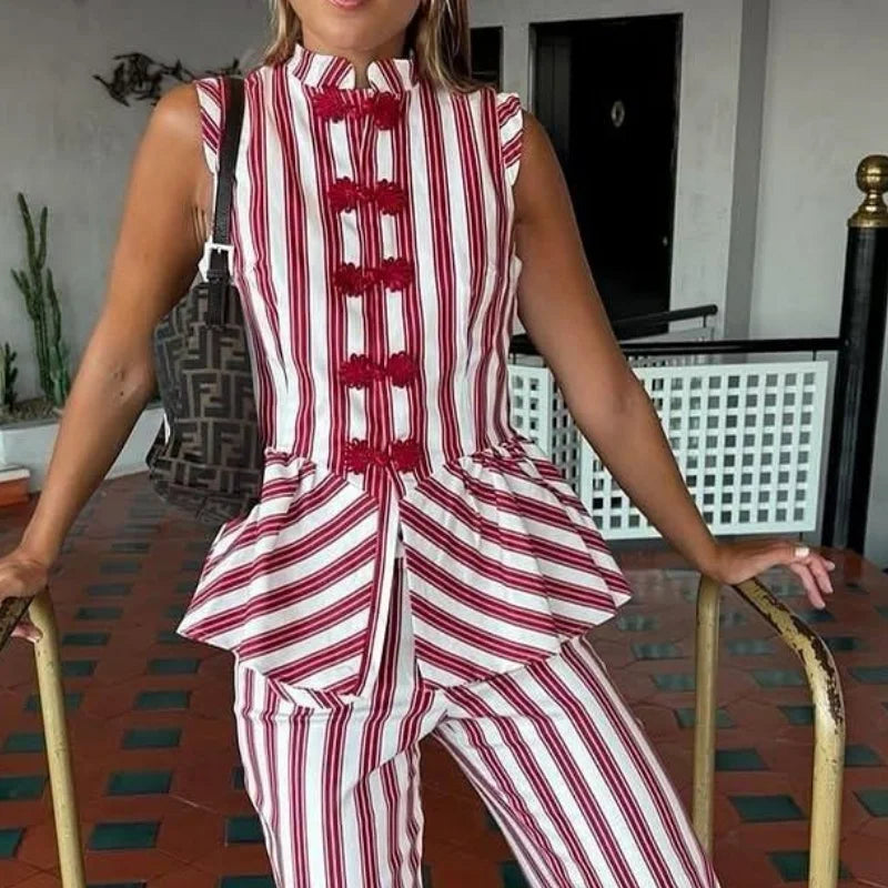 Women Chic Striped Stand Collar Blouse Summer Bowknot Sleeveless Shirt