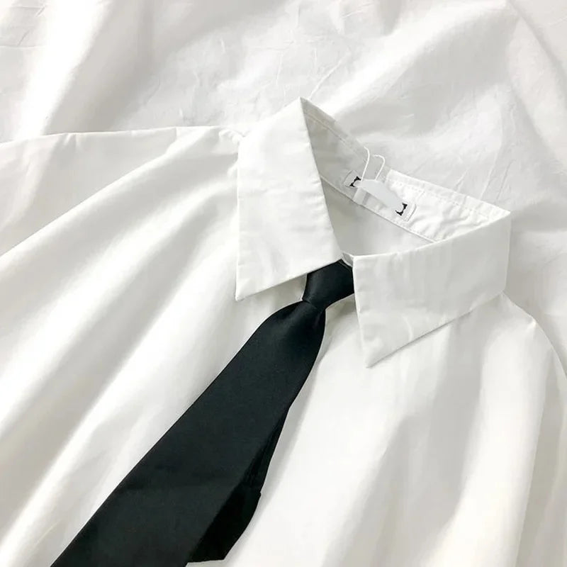 White Shirt Women Blusas Short Sleeve Lapel Blouse with Tie Japanese