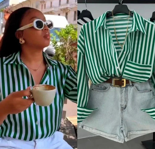 Striped Button Down Shirt Women's Loose Fit Turn Down Collar Casual