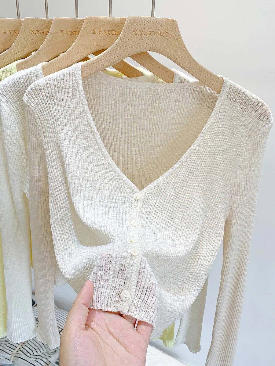 2026 Summer Thin Ice Silk Knit Sun Protection Women Cardigan Solid