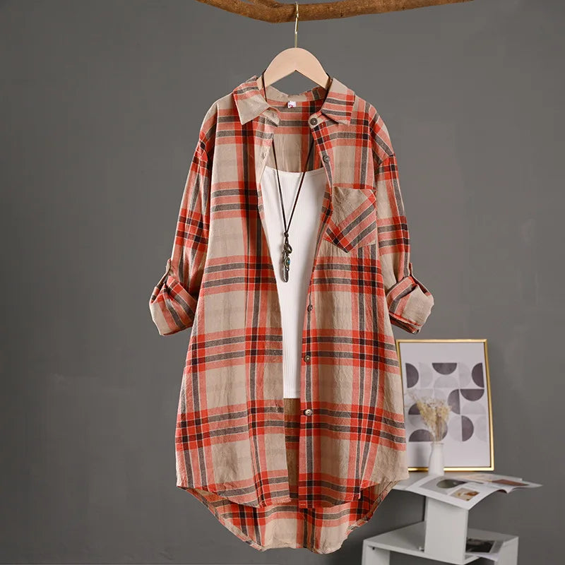 Spring/Summer 2025 Stylish Women's Button-up Shirt with Plaid Pattern,