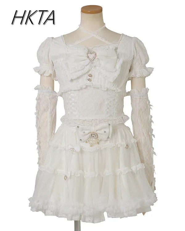 Japanese Sweet Heavy Industry Splicing Sleeve Strap Lace Bow Lace
