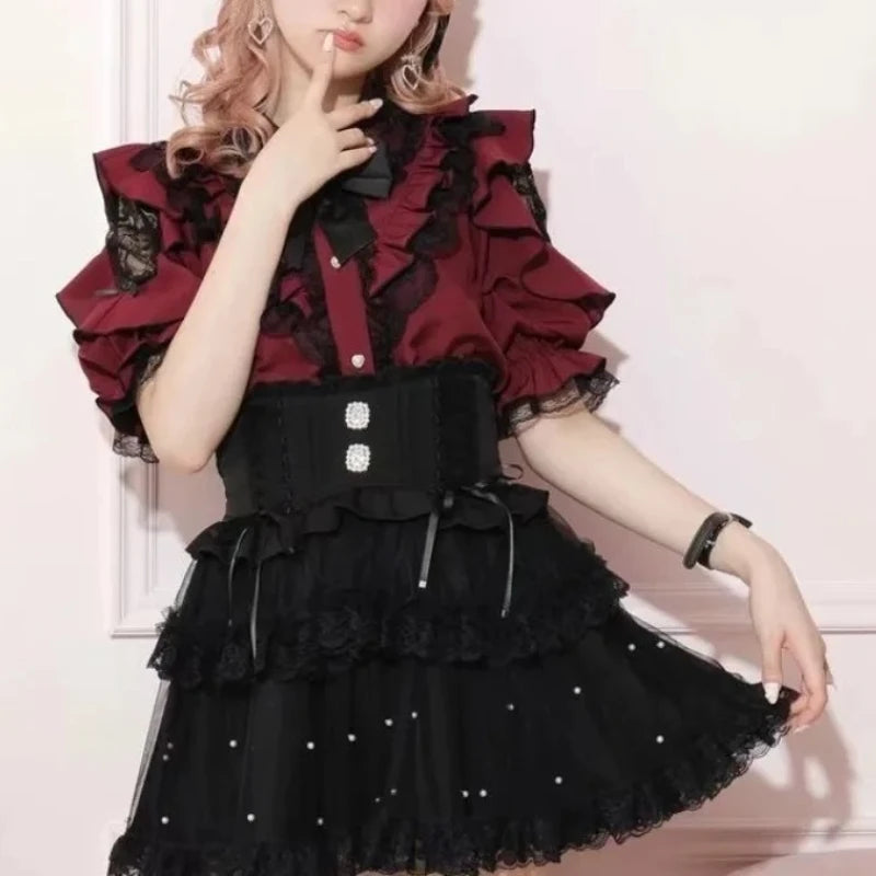 Summer Japanese Gothic Lolita Style Bow Shirts Women Sweet Y2k Lace