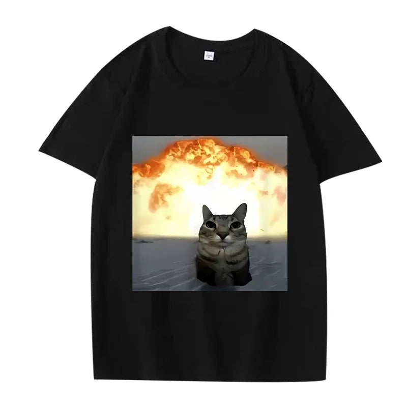 Whimsical Cat Explosion Graphic T Shirt Women Funny Short Sleeve