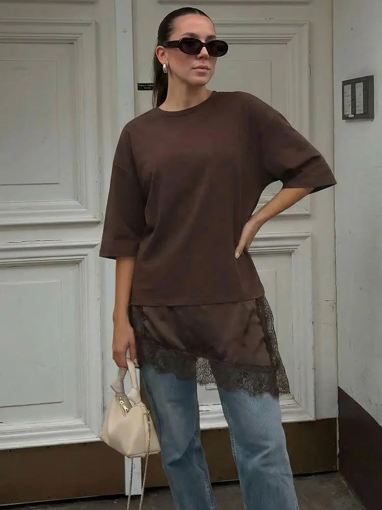 HH Women Vintage Solid Lace Patchwork T-Shirts Asymmetrical Hem O Neck