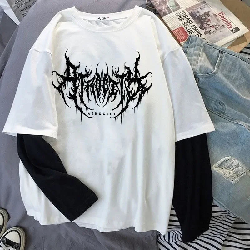 Women Atrocity Print Graphic Fake Two Long Sleeved T-shirts Fashion
