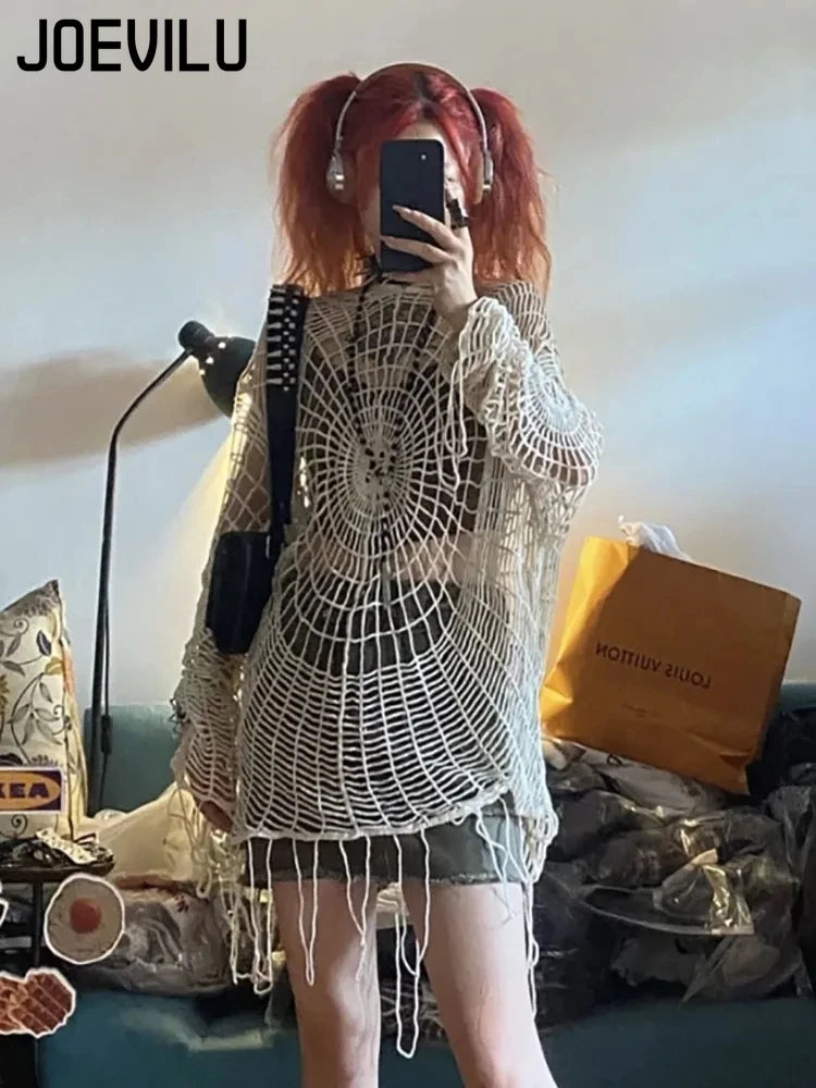 JOEVILU Hollow Knit Hooded Tops Women's Goth Spider Web Sweaters
