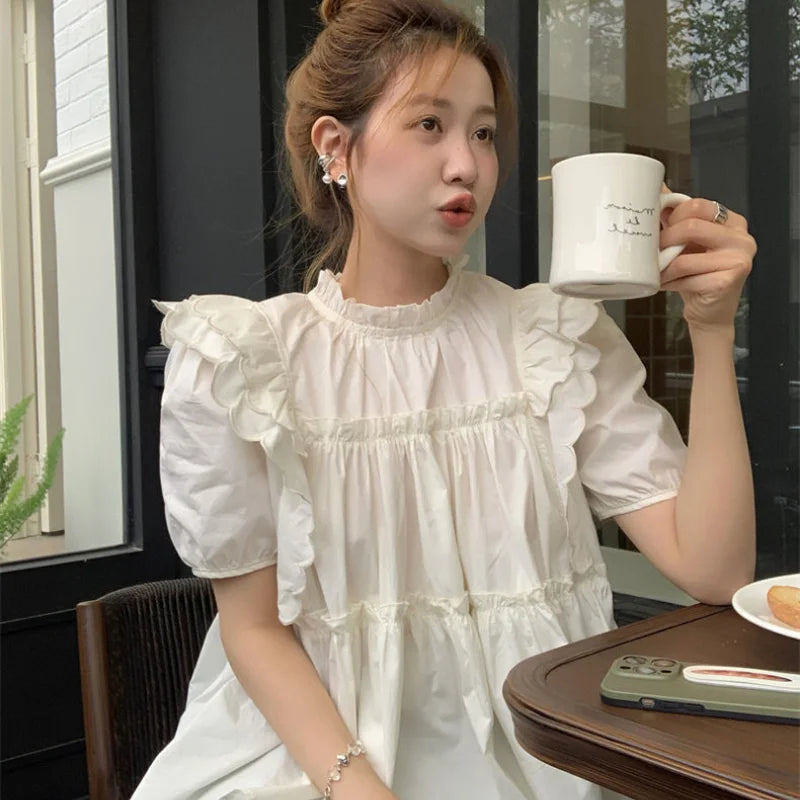 Sweet Pleated Loose Blouse Summer New Short Sleeve Solid All-match