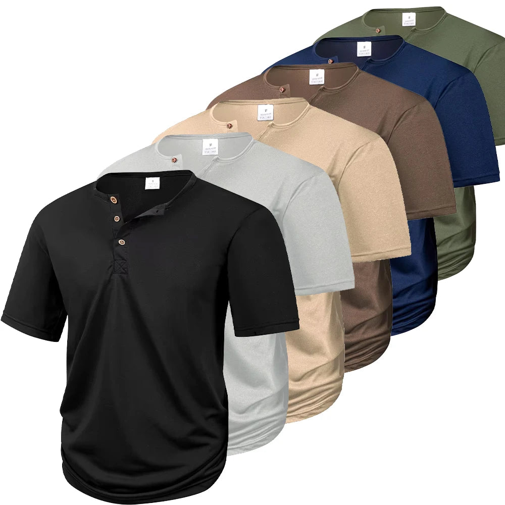 Men's Casual  Henry T Shirt Summer Brown Button Solid Color Polo Short