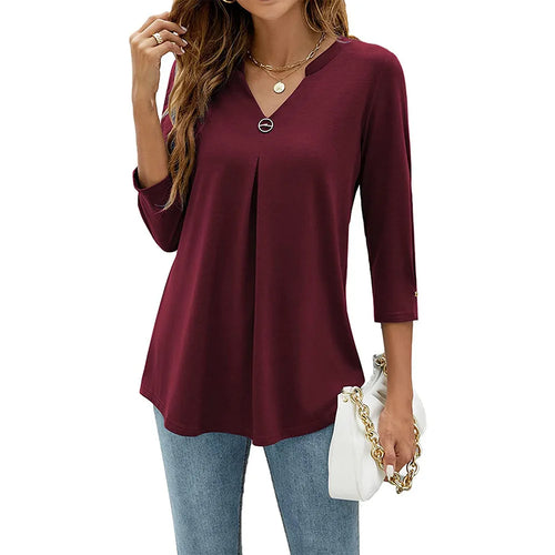 2024 Spring Autumn Women T-shirt V Neck 3/4 Sleeve Pin Decor Pleated