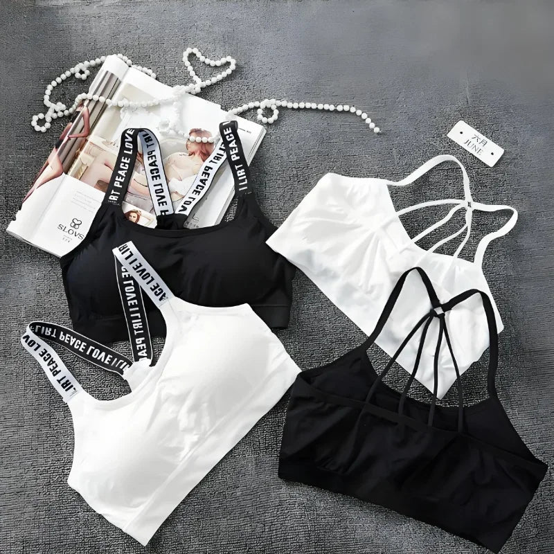 CHUANGERM Women's Seamless Sports Crop Top Wide Letter Straps Wireless