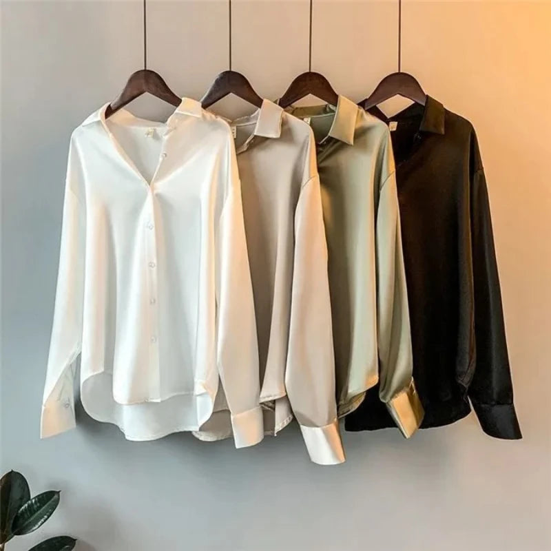 2026 Elegant Satin Loose Women Shirt Spring Turn-down Collar Ladies
