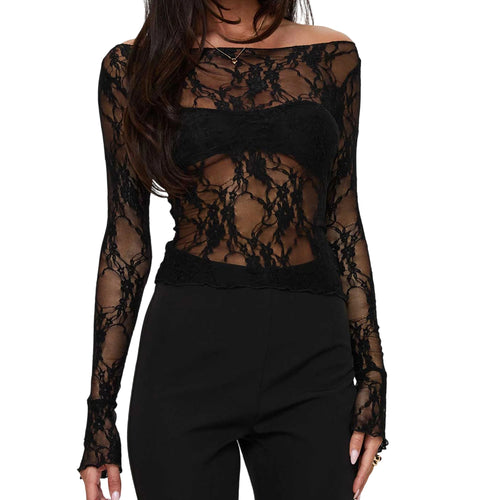 New Women Basic Lace Tops Casual See-Through Fitted Long Sleeve Shirt