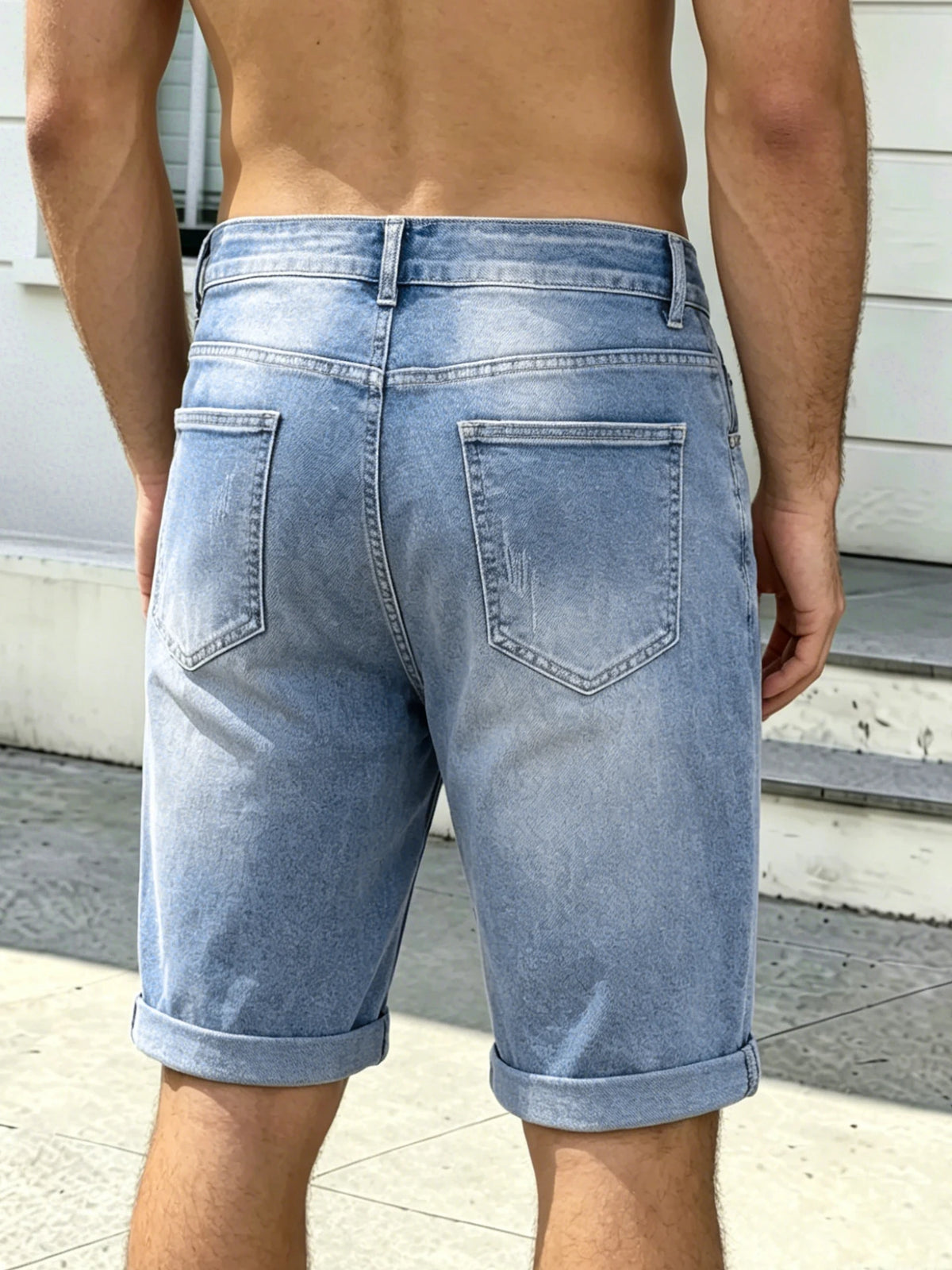 Men Pants Jeans Clothing Denim Trousers Shorts Men's Light Wash Rolled