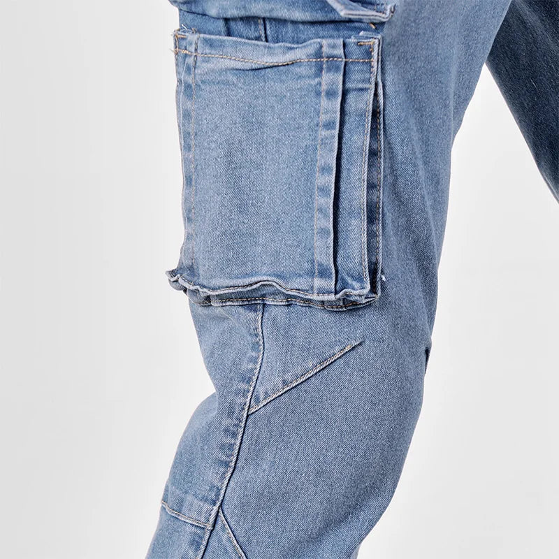 Men's Street Style Elastic Waist Denim Cargo Pants Solid Color Washed