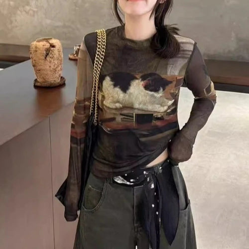 Kimutomo Y2k T Shirts Women Vintage Sexy Cartoon Cat Printed Short