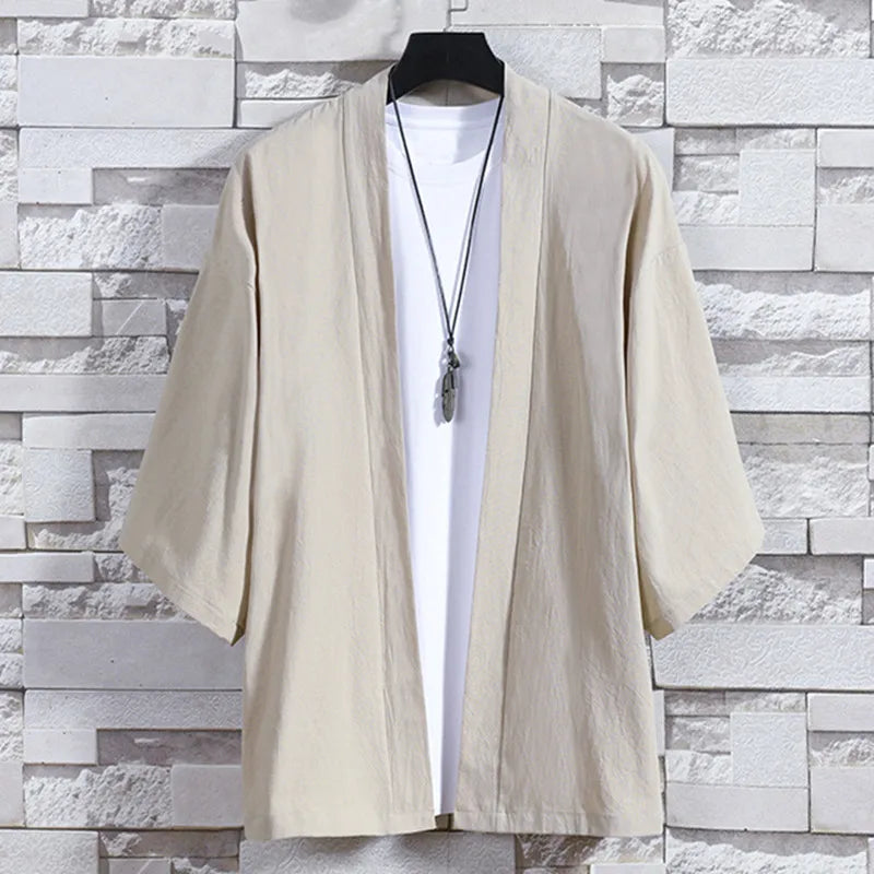 Men's Kimono Cardigan Japanese Jackets Casual Cotton 3/4 Sleeve Shirt