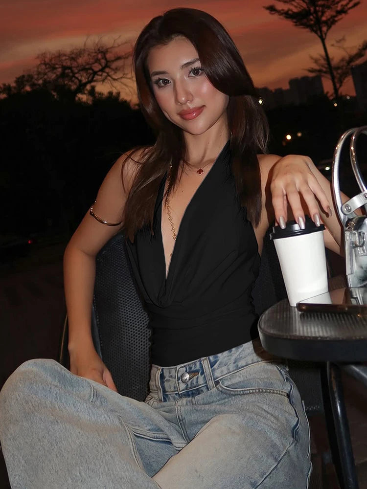 Nibber Swing Collar Vests Women Backless Halter Folds Skinny Street