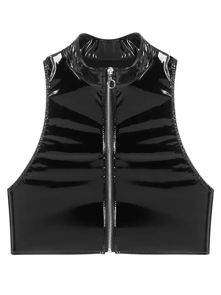 S-3XL Wet Look PVC Bustier Tank Top Shiny PU Leather Crop Tops