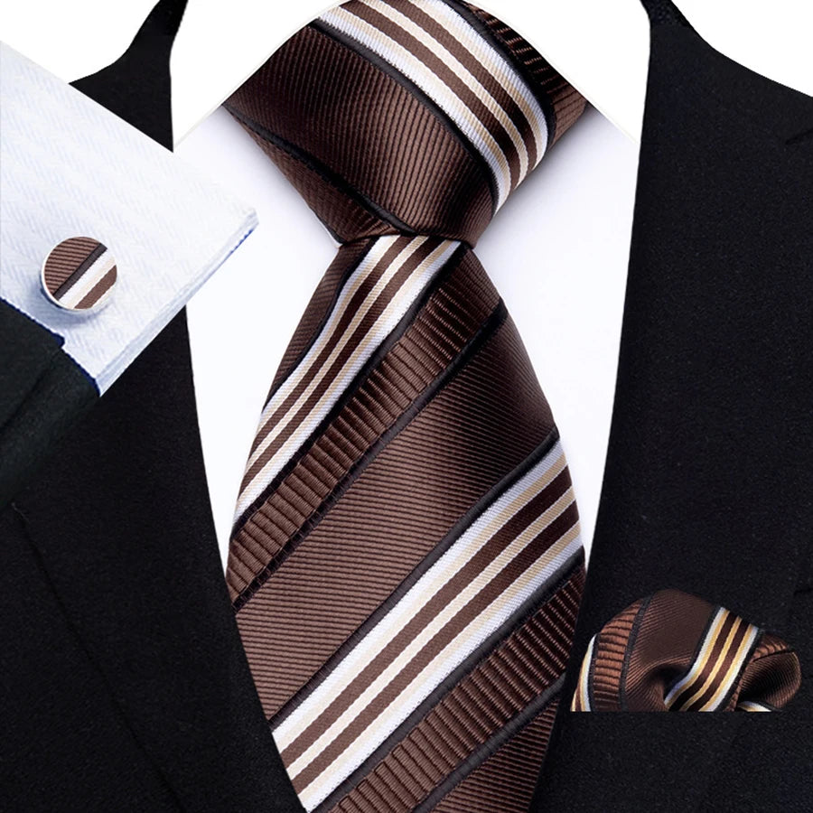 Men's Ties Handkerchief Cufflinks Set Tuxedo Accessories Luxury Brown