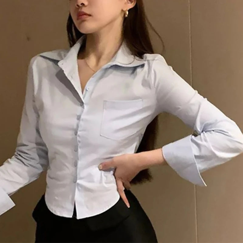 Korean White Office Women Chiffon Shirt Pocket Button Lapel Ladies