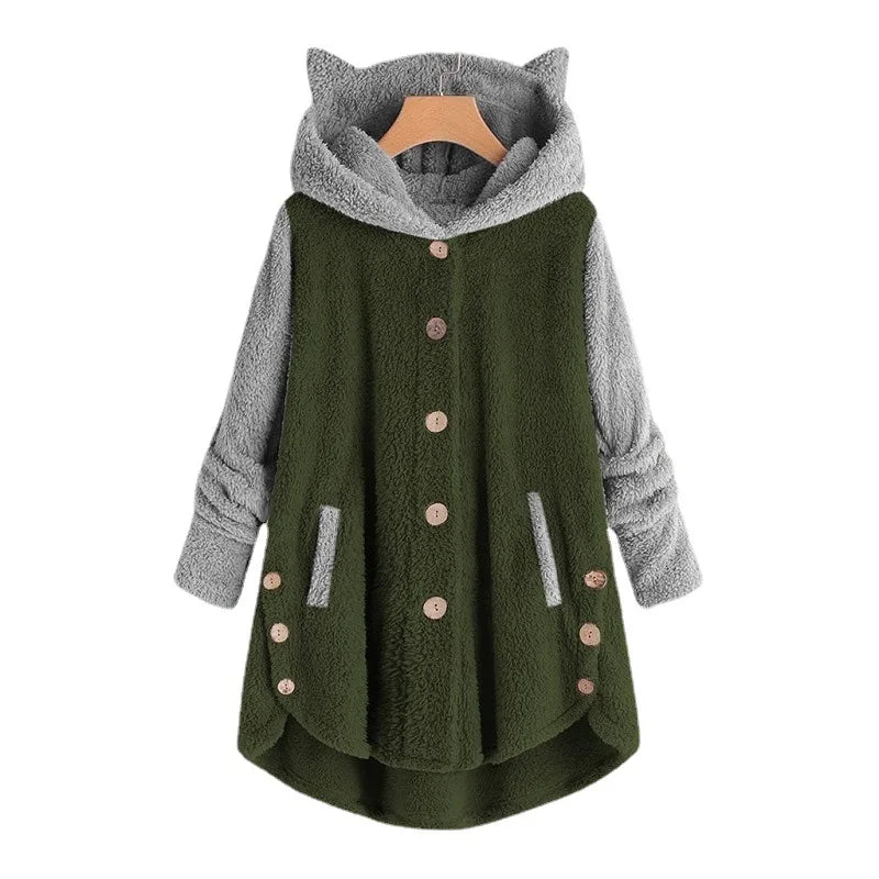 Cat Print Long Hoodies Sweatshirt Women Fleece Warm Button Pocket