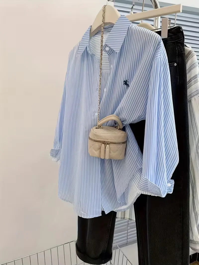 women s long-sleeve blouse ， Women's Striped Knight Print Front