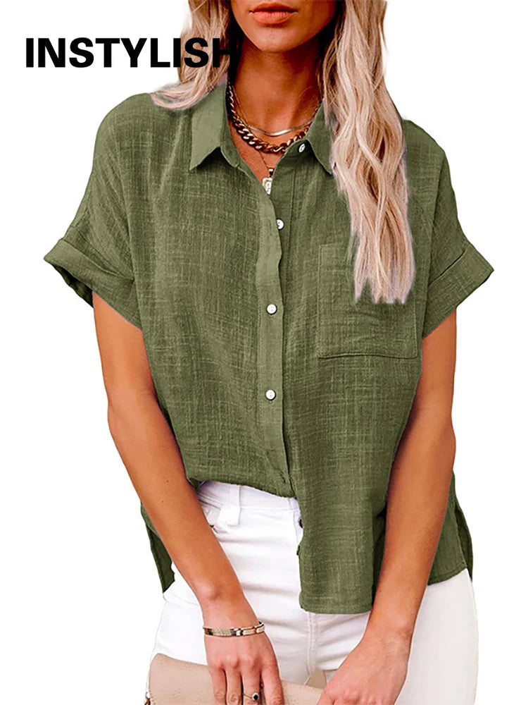 Casual Solid Short Sleeve Cotton Linen Loose Blouse Vintage Harajuku