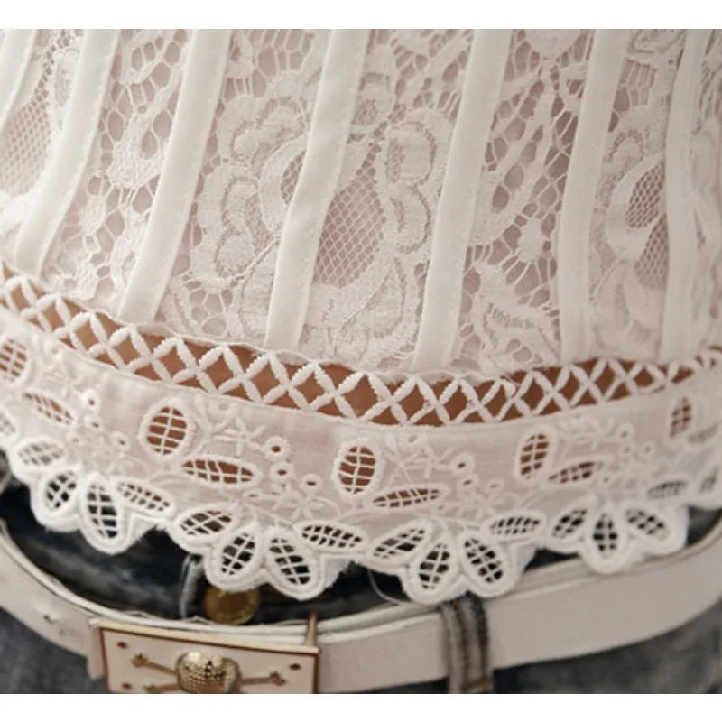 Summer Casual Solid Blouses for Women Petal Sleeve Floral Lace Tops