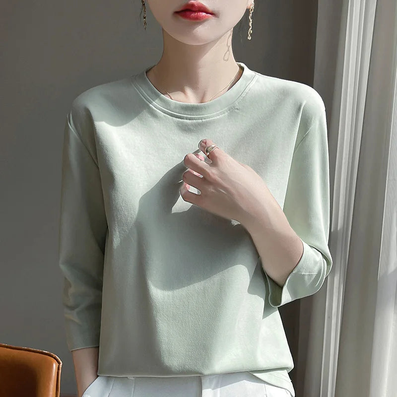 Summer Cotton Short-Sleeved T-Shirt Women's Round Neck Seven-Point