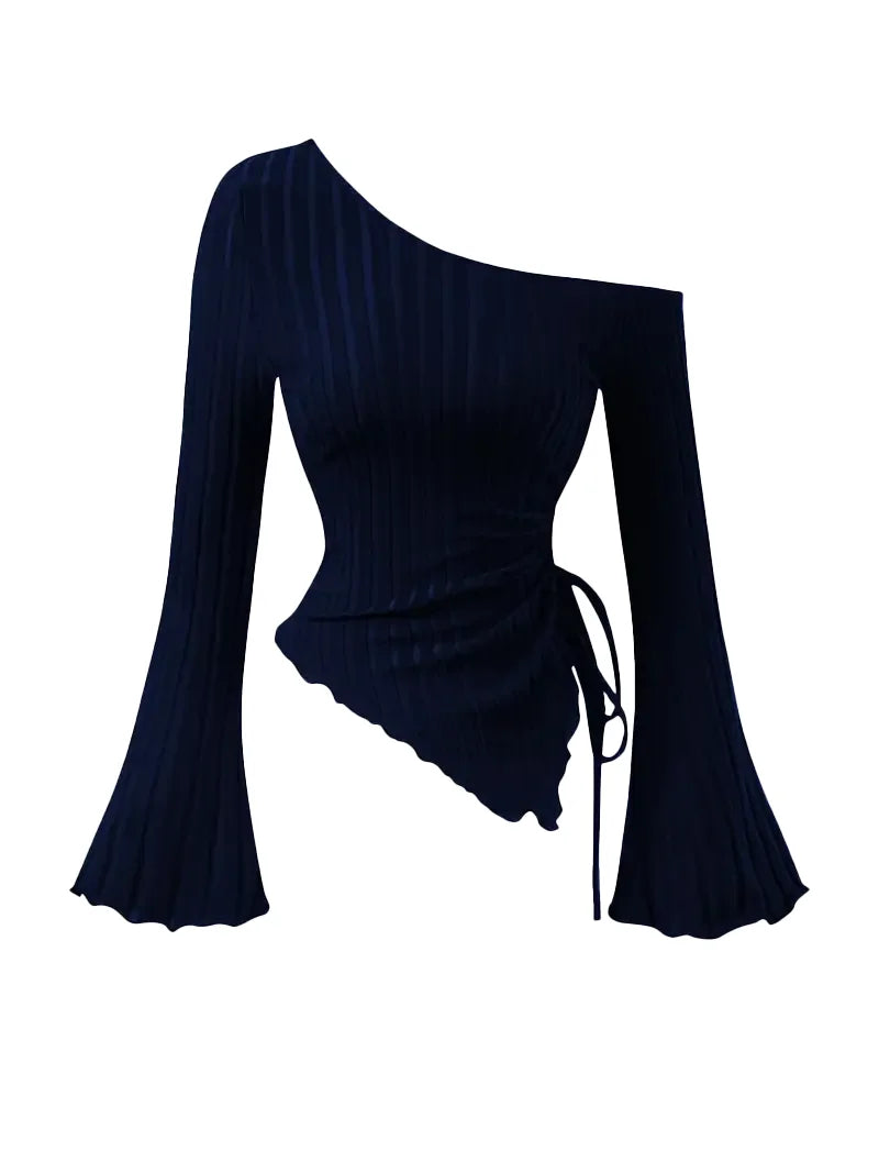 Women's Off-Shoulder Cross Long-Sleeved Slim Fit T-Shirt Asymmetrical