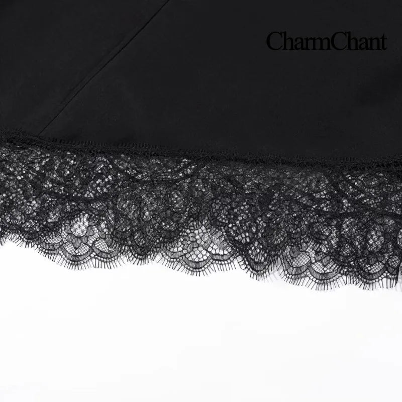 CharmChant Black Satin Asymmetrical Lace Long-Sleeve Shirt for Women