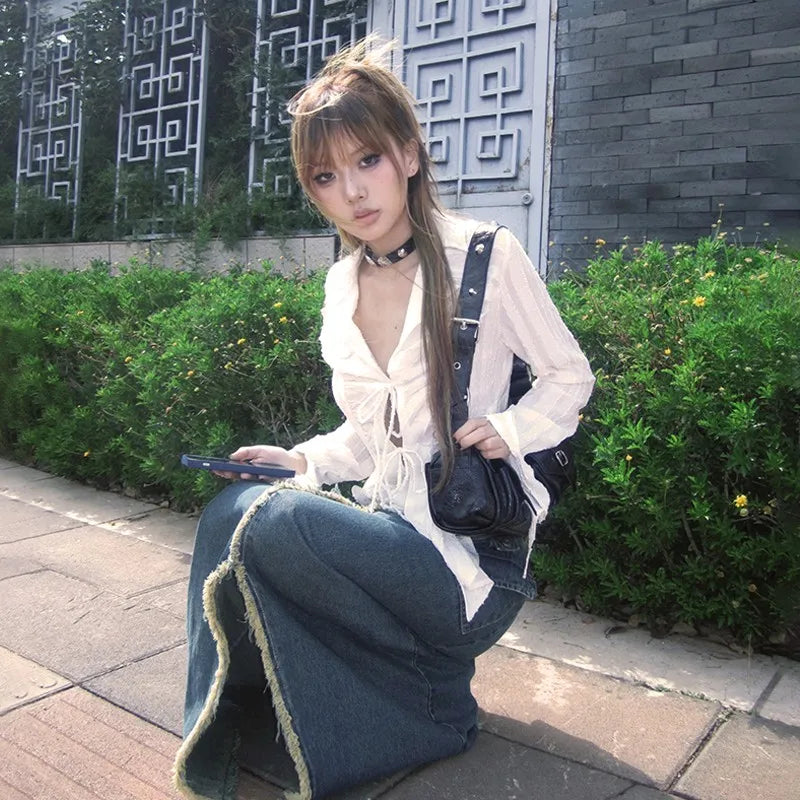 Karrram Y2k Aesthetics Pleated Shirt Fairycore Lace Up Blouse Trashy
