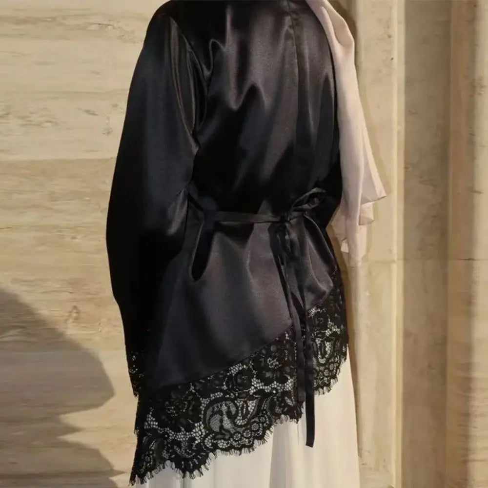 Fashion Belted Waist Lace Patchwork Top Flare Sleeve Asymmetrical