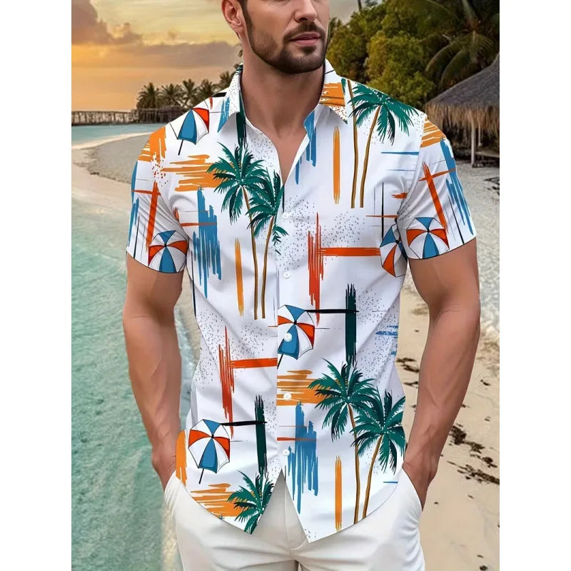 Summer Love Coconut Tree Printed Short Sleeve Shirt Loose Cuban Collar