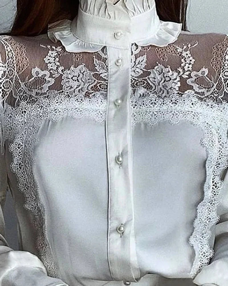Women Lace Solid Color Casual Shirt White High Collar Mesh Lace