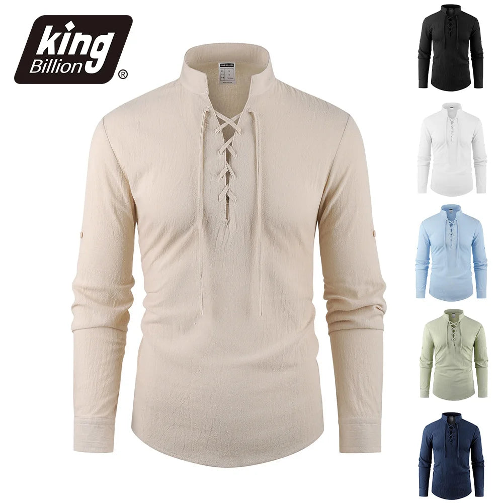 Cotton Linen Men's Vintage Pirate Shirt Medieval Viking Henley Neck